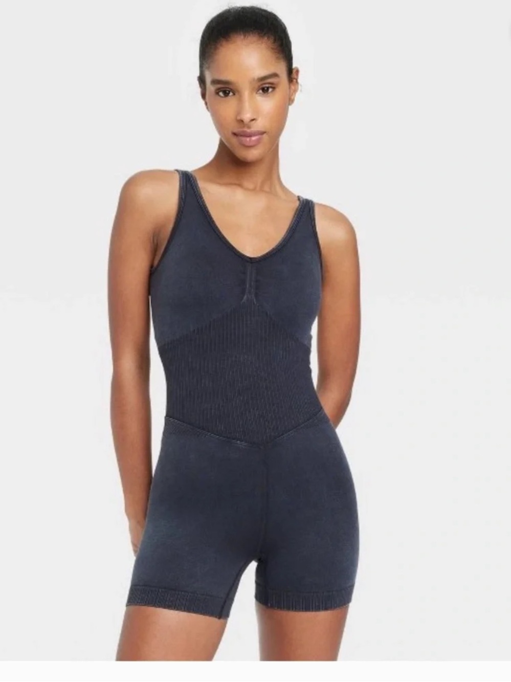 JoyLab Women’s Ribbed Athletic Seamless Short Bodysuit/ Romper in Black